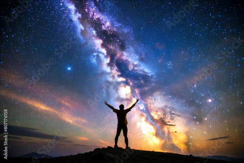Person Standing with Arms Raised Under Milky Way