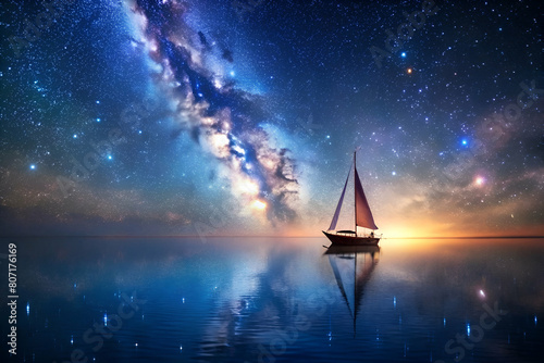 Solitary Sailboat on Calm Sea Under Starry Night Sky