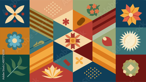 An eclectic quilt composed of various vintage textiles such as old feed sacks and tablecloths creating a unique and eclectic look.. Vector illustration