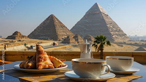an authentic Egyptian breakfast spread, complete with traditional dishes like foul medames, taameya, and falafel, alongside freshly brewed coffee and a stack of crepes drizzled with honey. photo