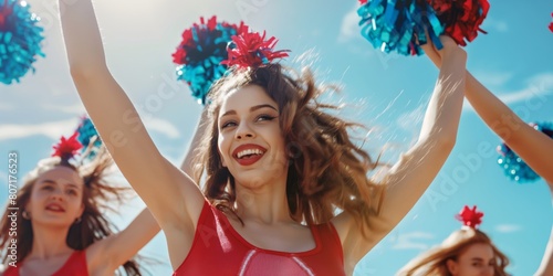 Cheerful cheerleaders with pom-poms expressing excitement under a vibrant blue sky