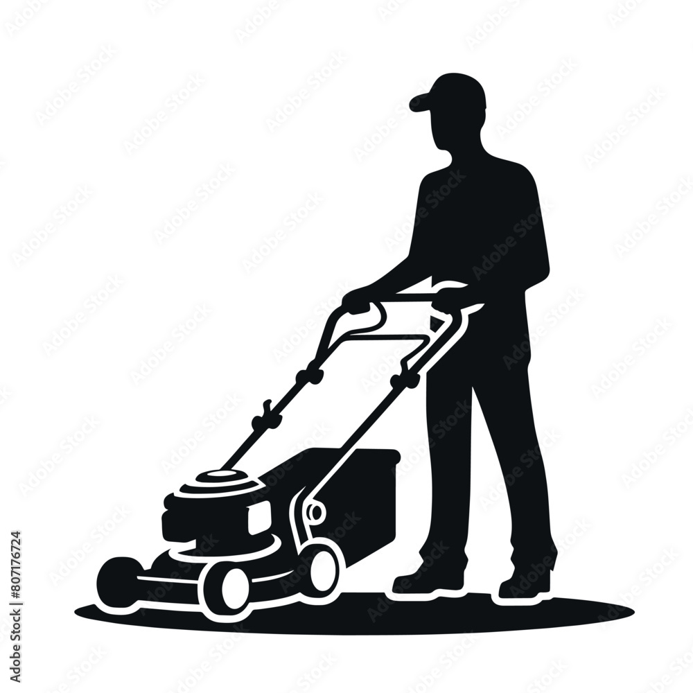 Lawnmower, man. Simple black vector icon, png Lawnmower, man. Simple black vector icon, png
