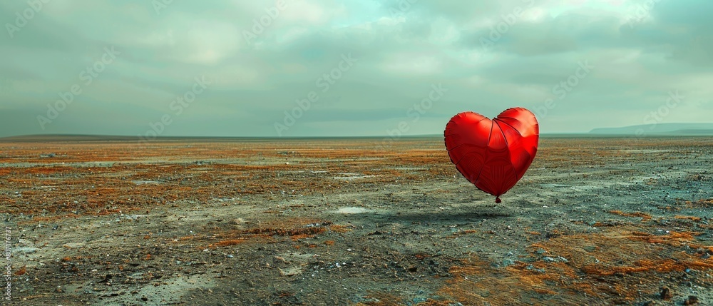 Fototapeta premium Red Heart Balloon Floating Over Barren Landscape