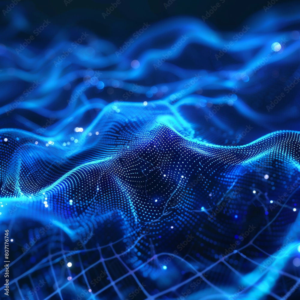 Blue wavy surface with glowing dots. Blue wavy surface with glowing dots.