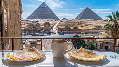 an authentic Egyptian breakfast spread, complete with traditional dishes like foul medames, taameya, and falafel, alongside freshly brewed coffee and a stack of crepes drizzled with honey. photo