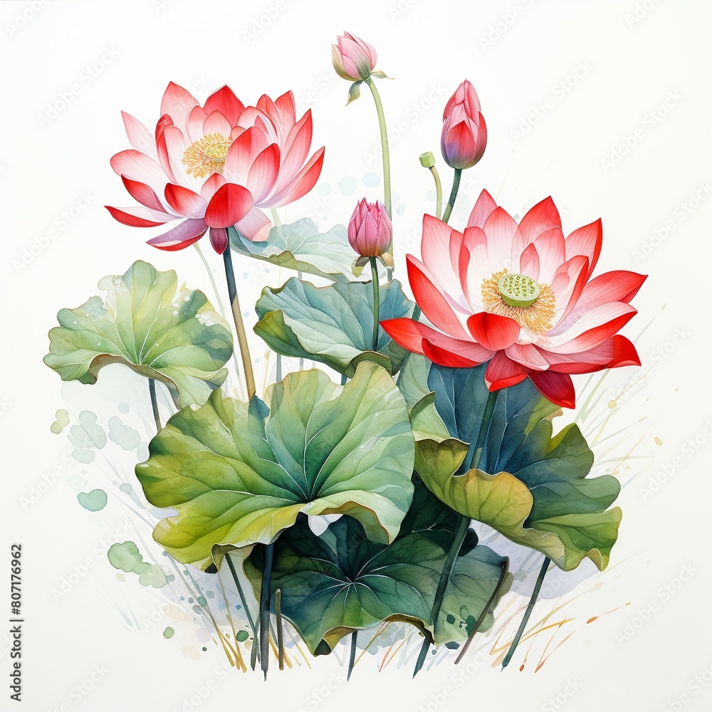 Simple yet graceful watercolor red lotus, vivid red blooms and fine green leaves, emphasizing organic asymmetry on white , high resolution Simple yet graceful watercolor red lotus, vivid red blooms and fine green leaves, emphasizing organic asymmetry on white , high resolution