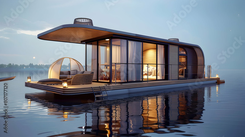 A compact houseboat designed for life on the water, with a cozy interior and a deck for lounging
