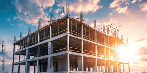 The image showcases a construction site of a building mid-development during a beautiful sunset