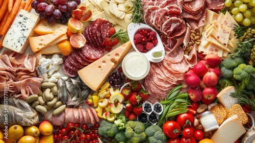 a rustic wooden table, showcasing a colorful arrangement of meat, fish, vegetables, fruits, and milk from an aerial perspective, embodying the essence of a wholesome eating concept.