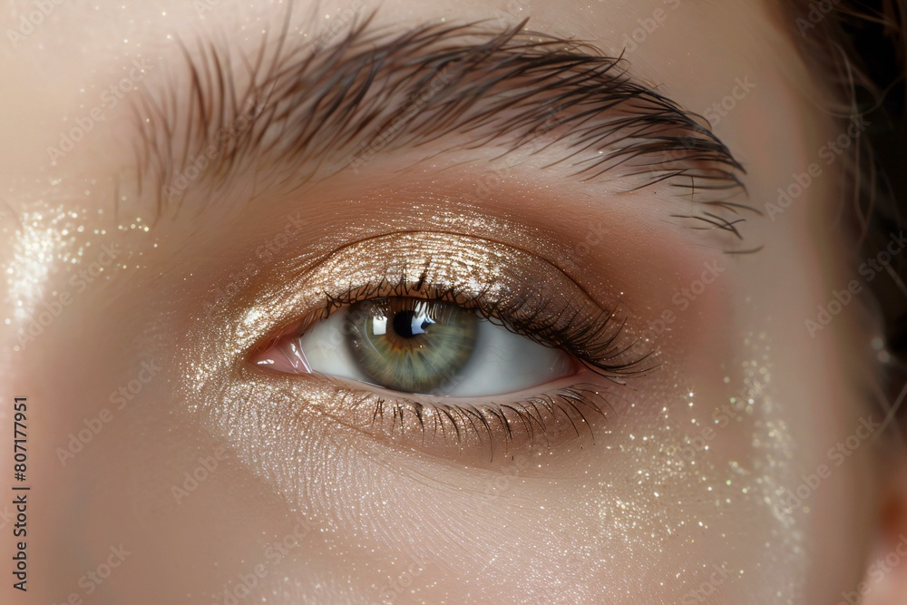 Close-up shot of beautiful woman's eye with golden make-up