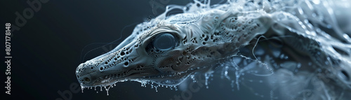 A close up of a dragon's eye. The dragon is covered in white scales and has a long, forked tongue. Its eye is a deep blue color and is surrounded by a bony ridge.