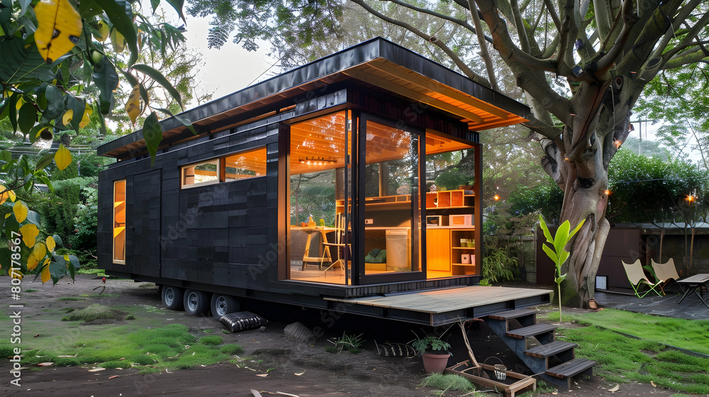 A modern tiny house with a modular furniture system, allowing for flexible use of space