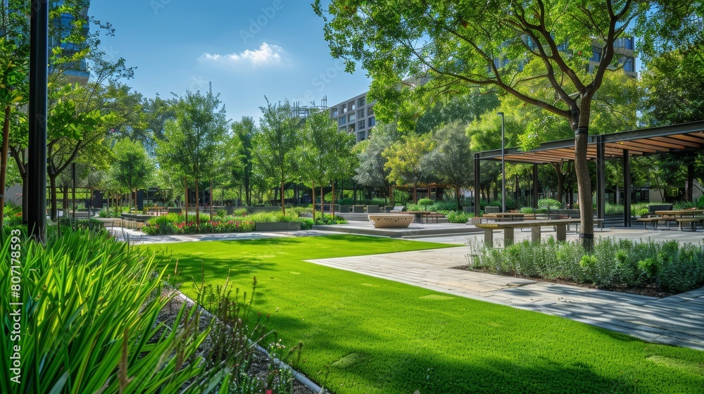 A city square transformed into a green space, with grassy areas and shaded seating