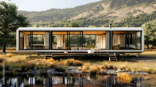 A modern prefab home on wheels, with floor-to-ceiling windows for panoramic views photo