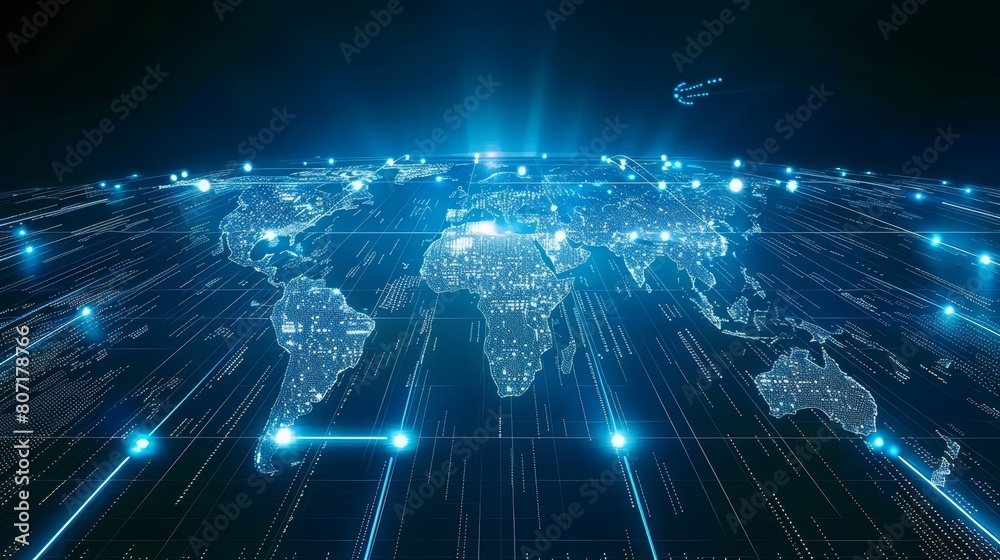 A digital grid overlaying a world map, showcasing global connectivity