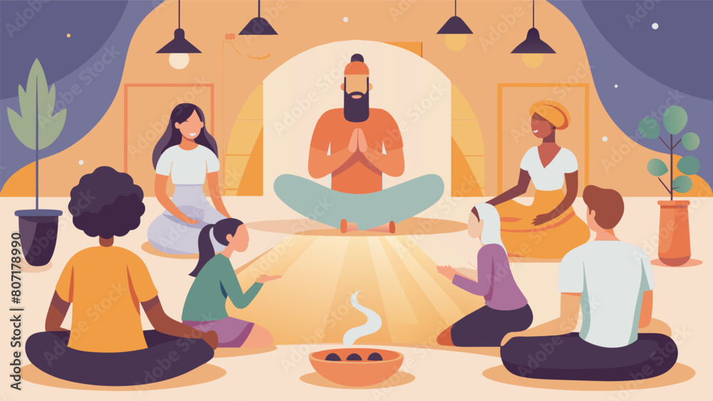 In a comfortable studio breathwork and vocal toning are incorporated into a sound healing session leaving participants feeling energized and connected. Vector illustration In a comfortable studio breathwork and vocal toning are incorporated into a sound healing session leaving participants feeling energized and connected. Vector illustration