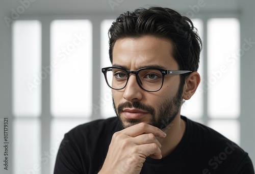 A middle aged man wearing glasses thinking with hand in the chin
