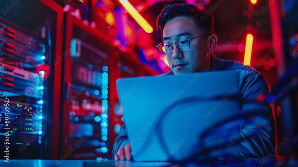 Fototapeta premium A network engineer testing internet connectivity on a laptop