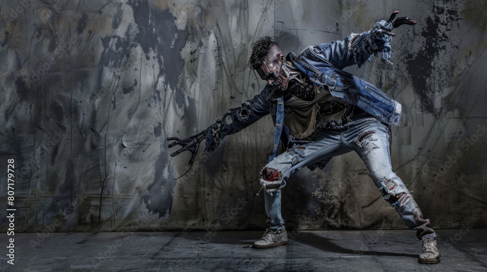 Obraz premium A chic zombie strikes a pose in distressed denim, contrasting his gruesome appearance against a vibrant graffiti backdrop, blending horror with urban fashion.