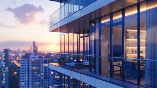 Close-up of a high-rise condominium with floor-to-ceiling windows offering panoramic views of the city skyline  epitomizing luxury urban living