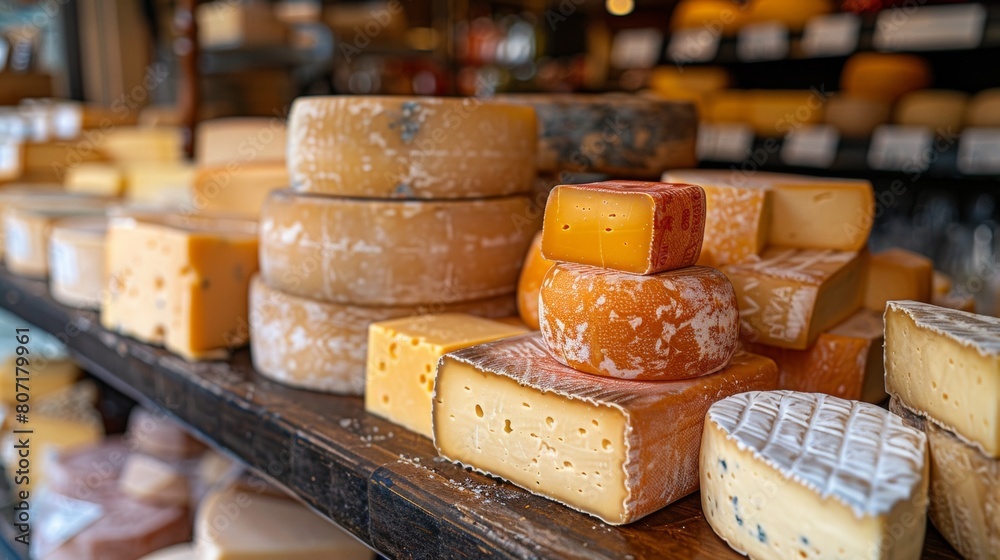 The assortment and different varieties of cheese on the shelves of stores. Promotional photo. The assortment and different varieties of cheese on the shelves of stores. Promotional photo.