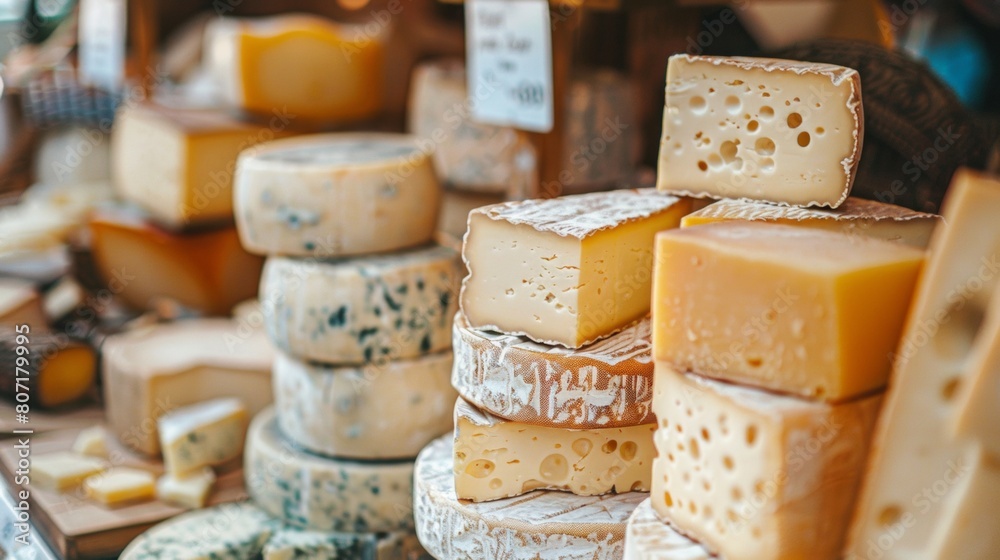 The assortment and different varieties of cheese on the shelves of stores. Promotional photo.