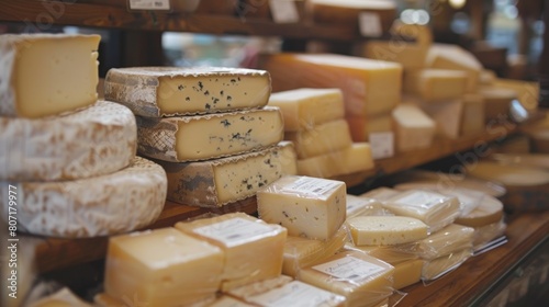 The assortment and different varieties of cheese on the shelves of stores. Promotional photo.