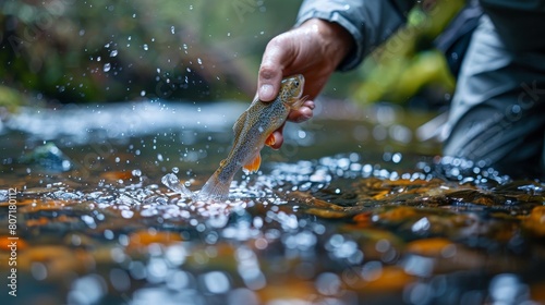 A scientist releasing fish into a river as part of a conservation program to restore fish populations photo