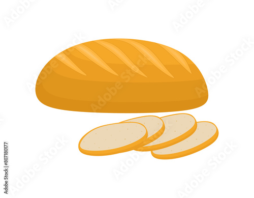 Fresh loaf of bread, sliced fresh wheat bread isolated on white background. Whole freshly baked bread and pieces. Wheat product in cartoon style. Bakery icon. Colored flat vector illustration