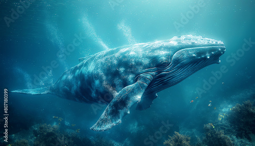 Underwater Elegance  A humpback whale   s journey through the deep blue ocean  illuminated by sunbeams  creating a serene and captivating scene. Beauty in Nature concept.