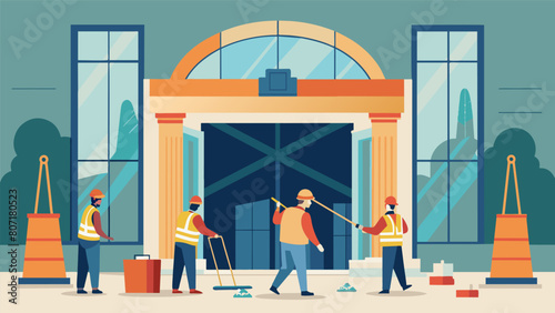 The construction of the main entrance and lobby area with workers installing grand doors and a sleek reception desk.. Vector illustration