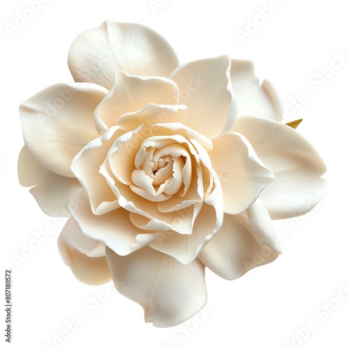 A detailed gardenia with creamy white petals, highly fragrant, isolated on a white background