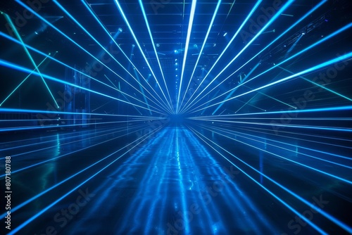 Dark abstract background with intense beams of blue light shooting across  simulating the lively atmosphere of an unseen music festival