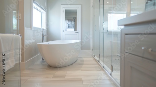 Close-up of a minimalist bathroom with clean lines  a freestanding bathtub  and a glass-enclosed shower  embodying simplicity and sophistication.