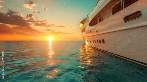 Close-up of a luxury yacht anchored in crystal-clear waters, with the sun setting on the horizon, epitomizing luxury travel and leisure. © Plaifah