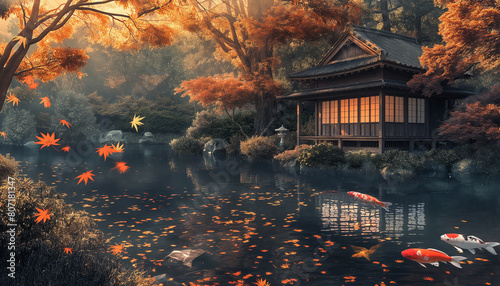 In autumn, a calm Japanese garden with a koi pond, tea house, maple trees, and falling leaves is depicted