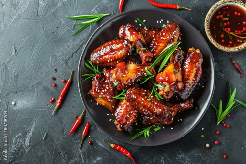 Top view of honey soy chicken wings on dark stone background