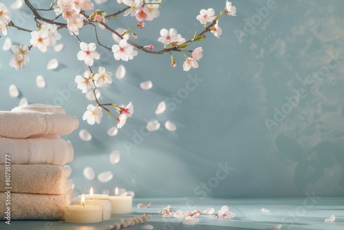 Minimalist design of a spa banner with stacked fluffy towels in soft pastel colors, tealight candles, and delicate cherry blossoms, suitable for a tranquil massage spa environment