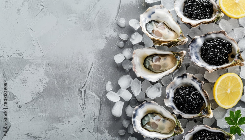 Top view of opened oysters with black sturgeon caviar lemon on ice grey concrete background Top view of opened oysters with black sturgeon caviar lemon on ice grey concrete background