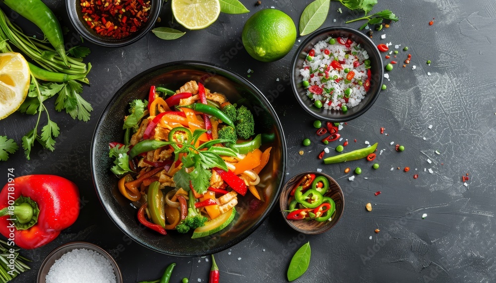Top view of Pad Pak Ruam a vegetarian Thai dish consisting of a variety of vegetables and sauces served in a black bowl Top view of Pad Pak Ruam a vegetarian Thai dish consisting of a variety of vegetables and sauces served in a black bowl