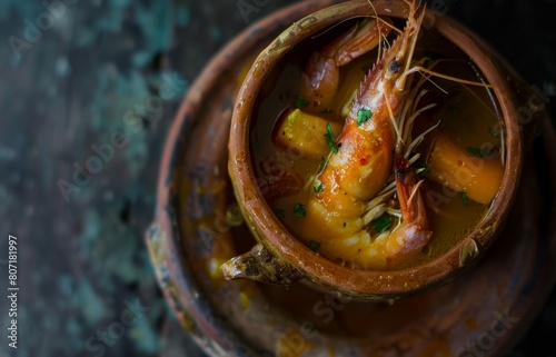 Top view of Peruvian prawns soup known as Chupe de Camarones with selective focus photo