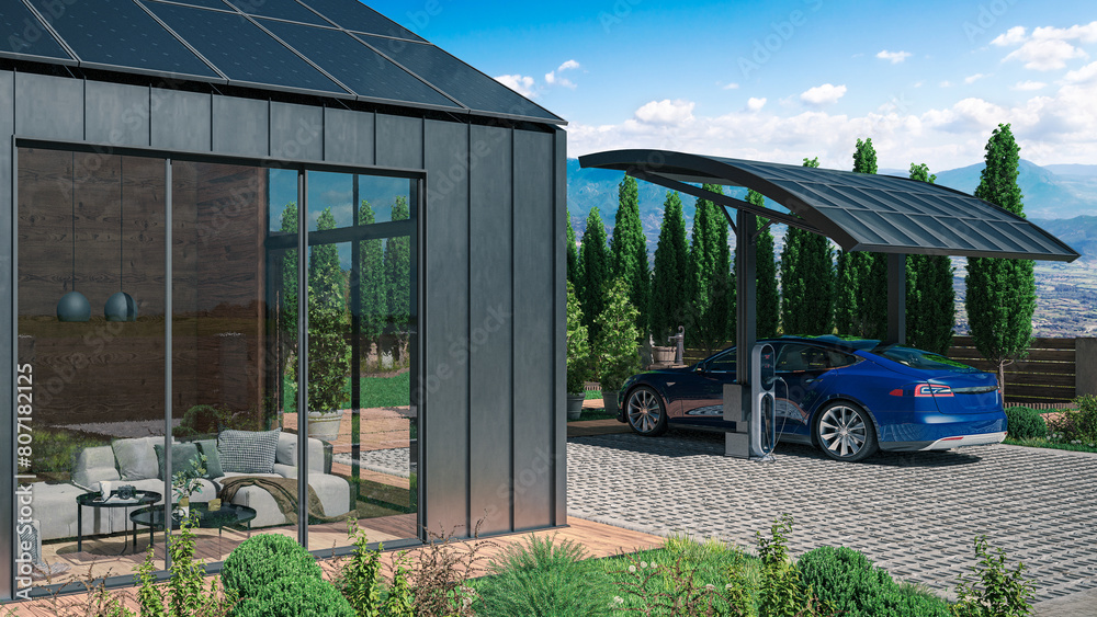 Modern house with solar charging station for electric car - 3D visualisation