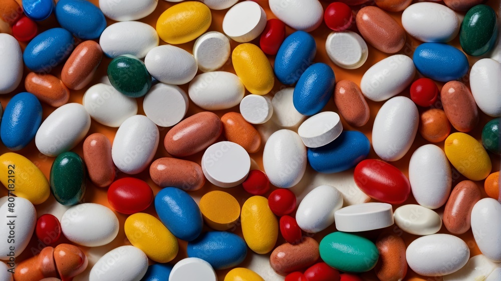 An array of multicolored pharmaceutical pills and caps