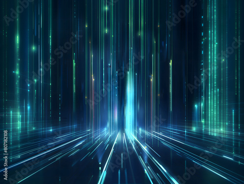 Abstract digital background with blue and greem glowing lines, creating an atmosphere of technology innovation.    Digital data flow concept.  Vector illustration for a design template photo