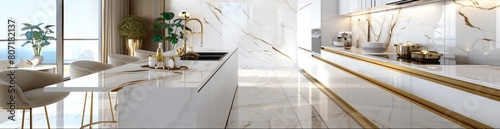 Design a modern kitchen with white marble countertops, gold accents, and a large island with seating