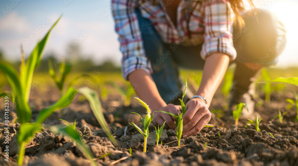 Farmer examining corn plant in field. Agricultural activity at cultivated land. Agronomist inspecting maize seedling Farmer examining corn plant in field. Agricultural activity at cultivated land. Agronomist inspecting maize seedling
