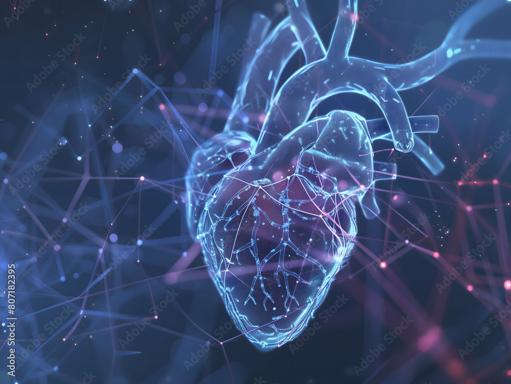 Abstract digital art of an illuminated human heart with neural network ...