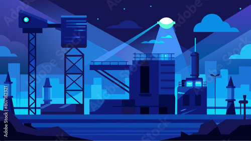 The construction site takes on a futuristic appearance at night as the bright floodlights emit a surreal blue glow on the surrounding structures and. Vector illustration