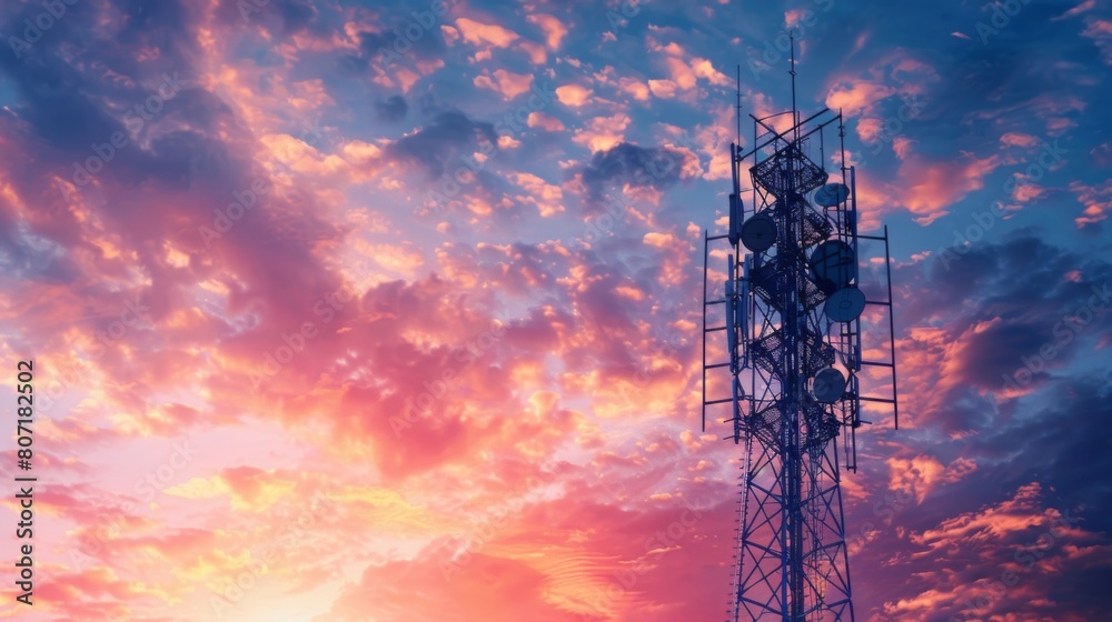 Close-up of a mobile phone signal tower emitting radio waves, facilitating seamless wireless communication for urban and rural areas. Close-up of a mobile phone signal tower emitting radio waves, facilitating seamless wireless communication for urban and rural areas.