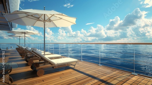 Close-up of a modern cruise ship deck with sun loungers and umbrellas, inviting passengers to relax and enjoy panoramic views of the ocean. © Plaifah